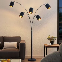Lindby gulvlampe Abiram, sort/guld, tekstil, 70 cm