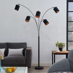 Lindby gulvlampe Abiram, sort/guld, tekstil, 70 cm