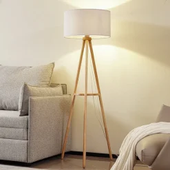 Lindby gulvlampe Adamio, Ø 45,5 cm, hvid, tekstil, stativ