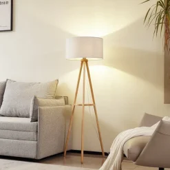 Lindby gulvlampe Adamio, Ø 45,5 cm, hvid, tekstil, stativ