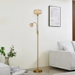 Lindby gulvlampe Aliette, guld/amber, glas, læselampe