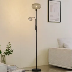 Lindby gulvlampe Aliette, sort/grå, glas, læselampe