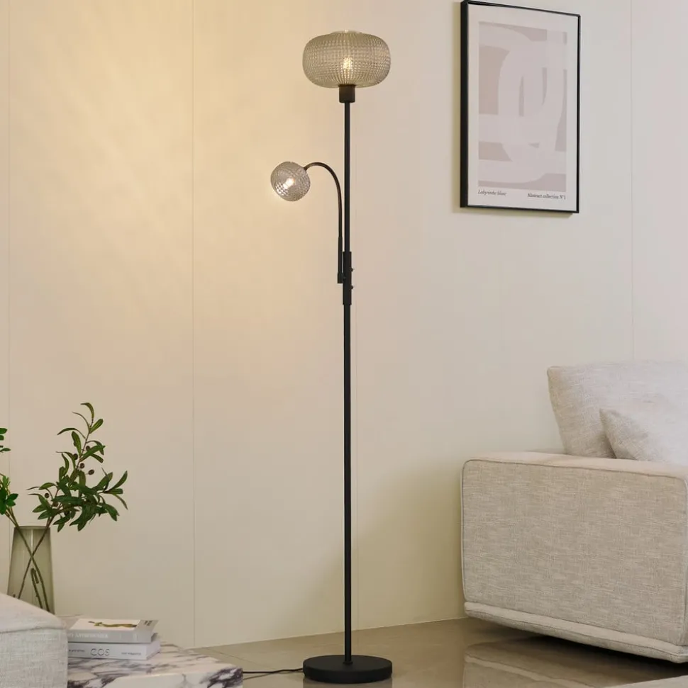 Lindby gulvlampe Aliette, sort/grå, glas, læselampe