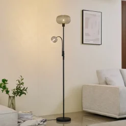 Lindby gulvlampe Aliette, sort/grå, glas, læselampe