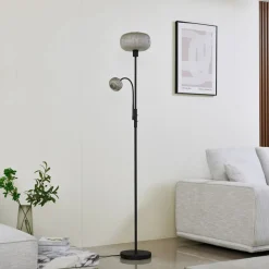 Lindby gulvlampe Aliette, sort/grå, glas, læselampe