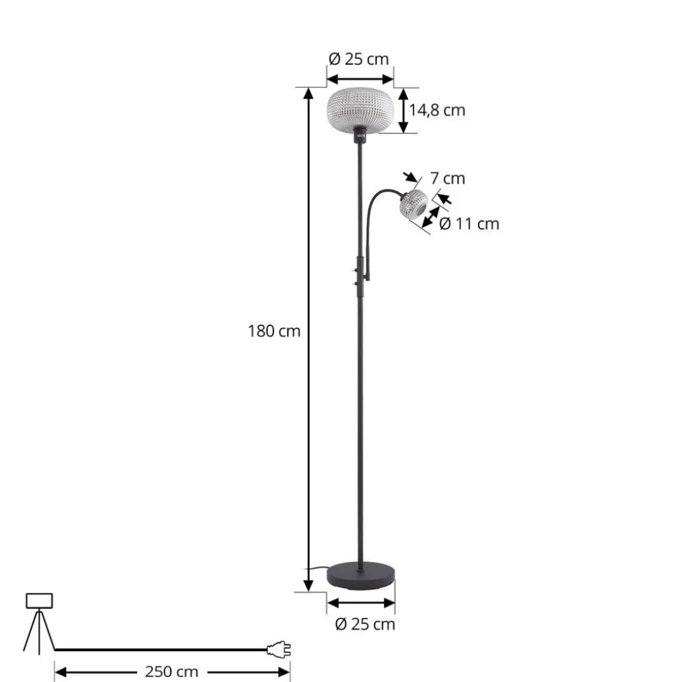 Lindby gulvlampe Aliette, sort/grå, glas, læselampe
