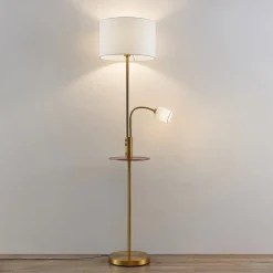 Lindby Gulvlampe Aovan, bronzefarvet, hylde, USB-port