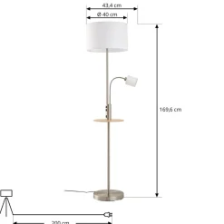 Lindby Gulvlampe Aovan, nikkelfarvet, hylde, USB-port