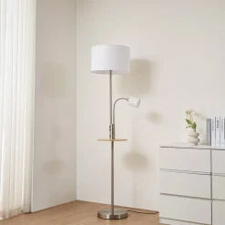 Lindby Gulvlampe Aovan, nikkelfarvet, hylde, USB-port