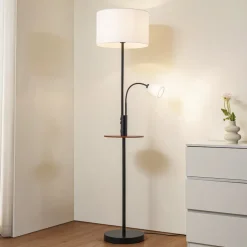 Lindby Gulvlampe Aovan, sort, hylde, USB-port