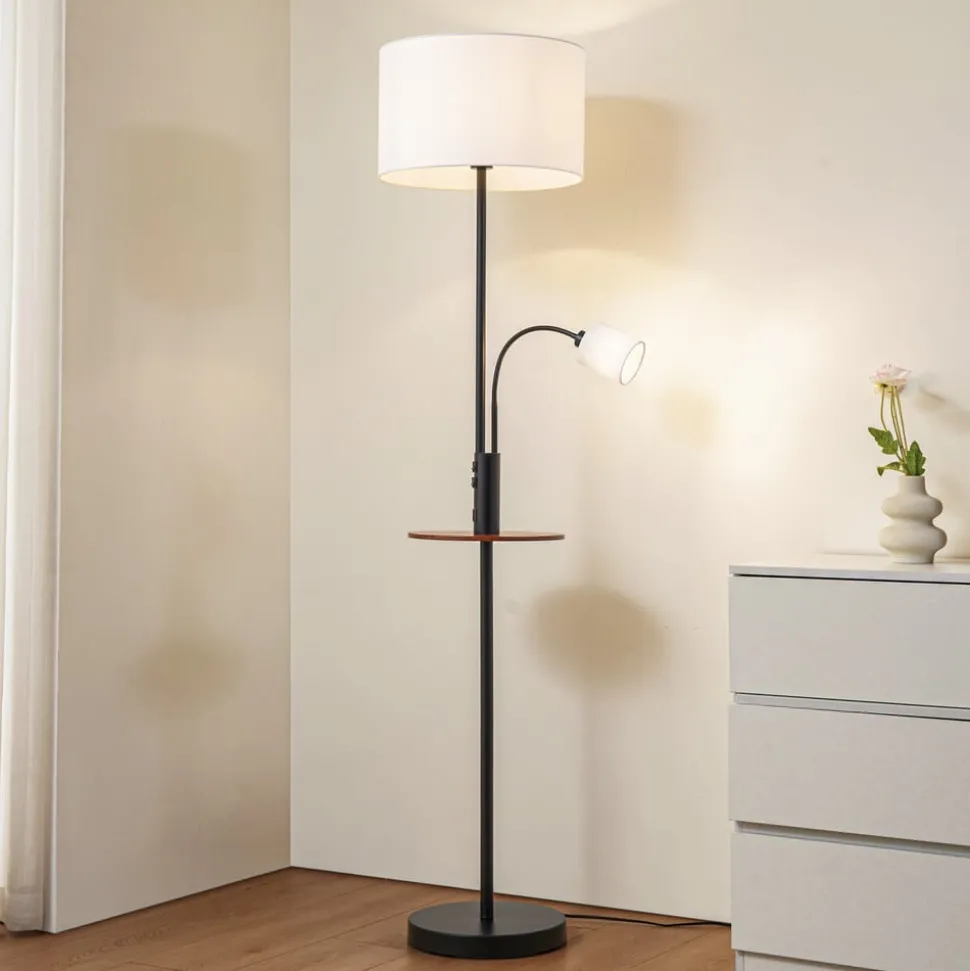 Lindby Gulvlampe Aovan, sort, hylde, USB-port