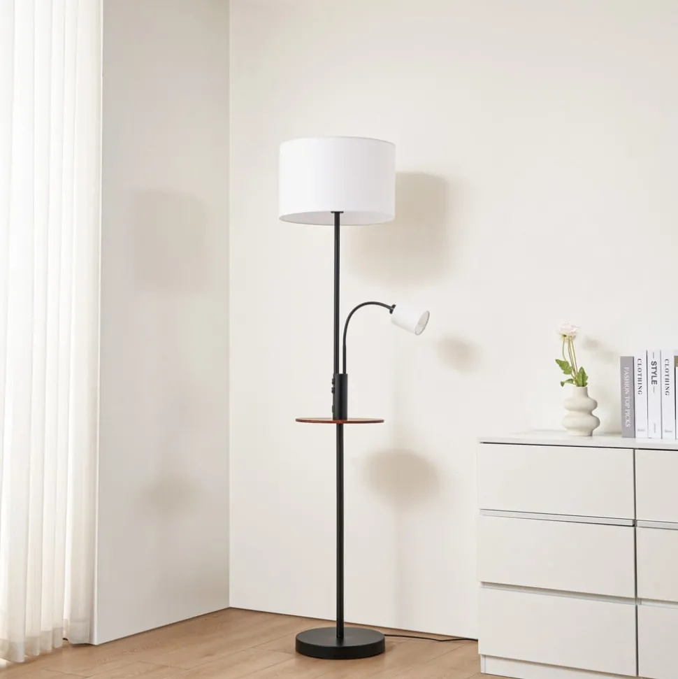 Lindby Gulvlampe Aovan, sort, hylde, USB-port