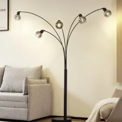 Lindby gulvlampe Braccio, grå/sort, glas, 5 lyskilder, 204,5 cm