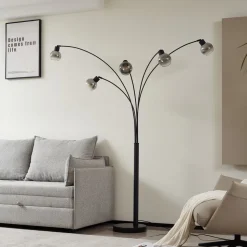Lindby gulvlampe Braccio, grå/sort, glas, 5 lyskilder, 204,5 cm