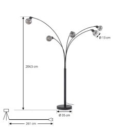 Lindby gulvlampe Braccio, grå/sort, glas, 5 lyskilder, 204,5 cm