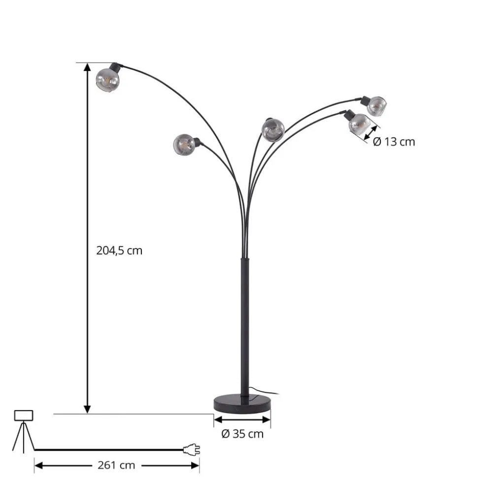 Lindby gulvlampe Braccio, grå/sort, glas, 5 lyskilder, 204,5 cm