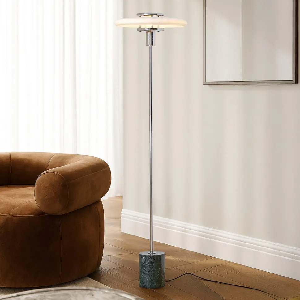 Lindby gulvlampe Branford, retro, hvid/grøn, opalglas/marmor