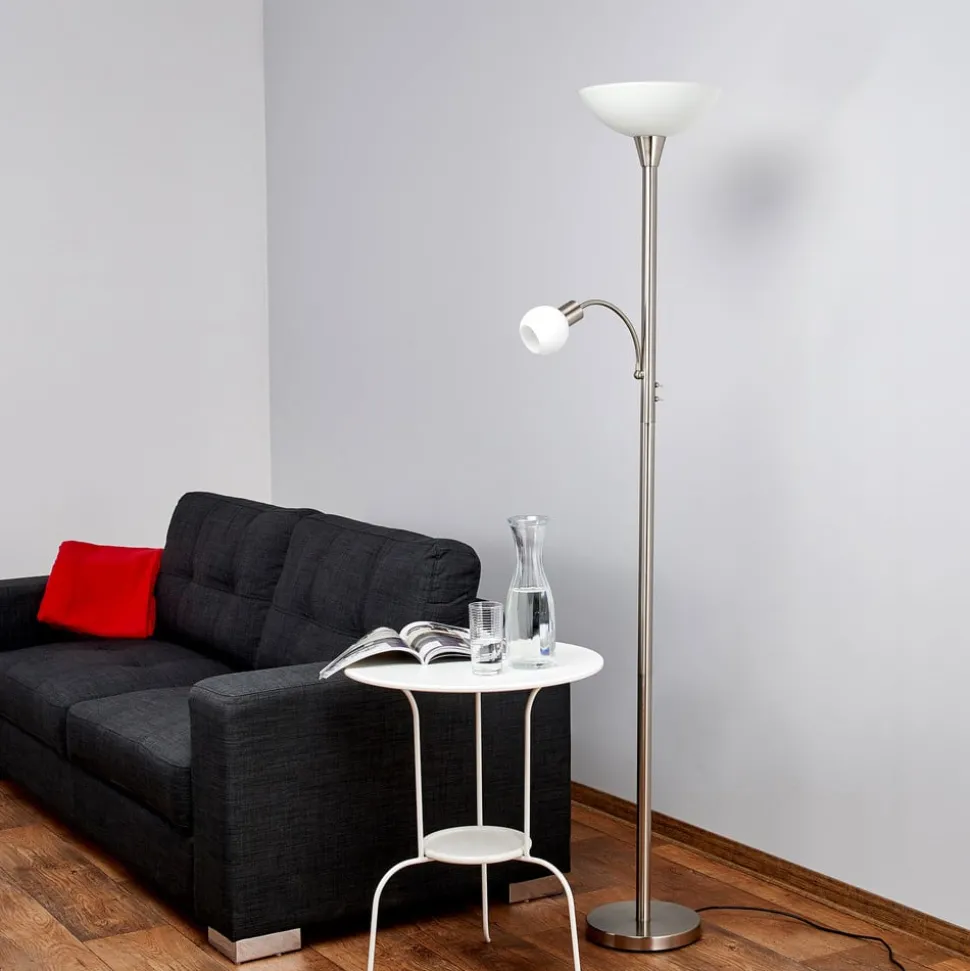 Lindby gulvlampe Elaina, 180 cm, nikkelfarvet, læselampe