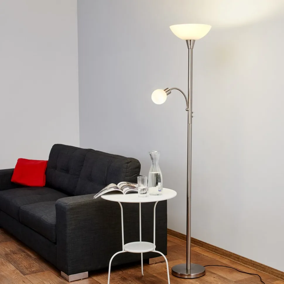 Lindby gulvlampe Elaina, 180 cm, nikkelfarvet, læselampe