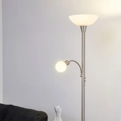 Lindby gulvlampe Elaina, 180 cm, nikkelfarvet, læselampe