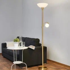 Lindby gulvlampe Elaina, læselampe, messingfarvet, 183cm E27