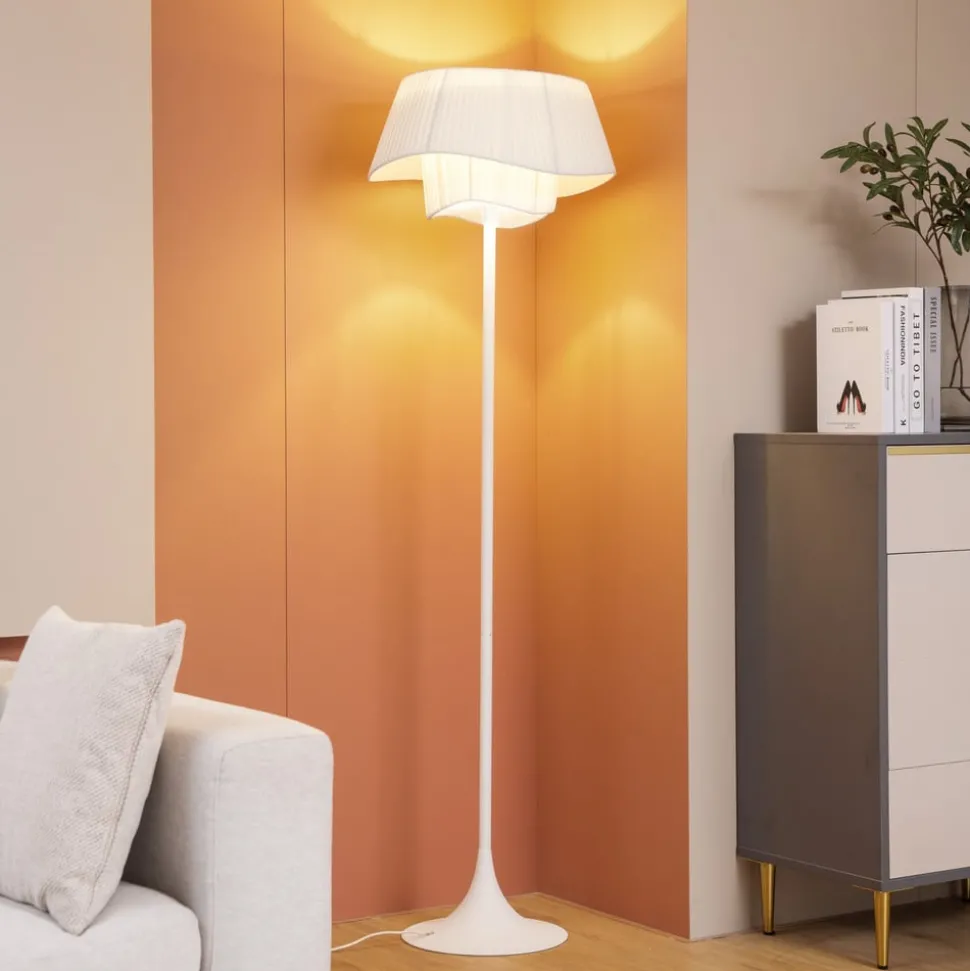 Lindby gulvlampe Eryndor, hvid, tekstil, Ø 47 cm, E27