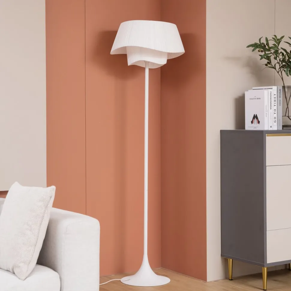 Lindby gulvlampe Eryndor, hvid, tekstil, Ø 47 cm, E27