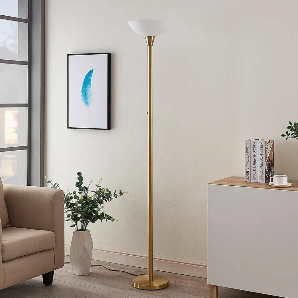 Lindby gulvlampe Ignacia, messingfarvet, glas, 180 cm, E27
