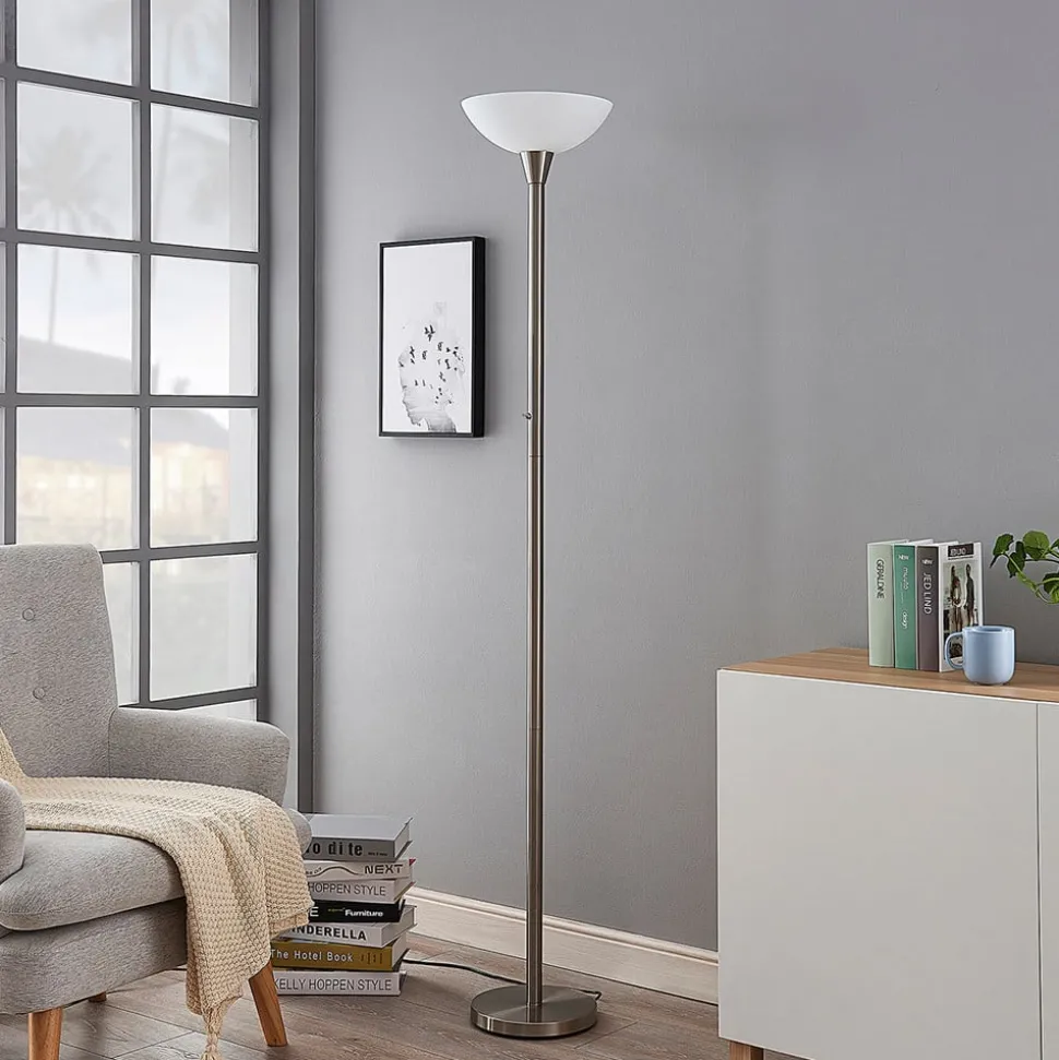 Lindby gulvlampe Ignacia, nikkelfarvet, glas, 180 cm, E27