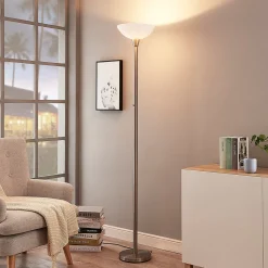 Lindby gulvlampe Ignacia, nikkelfarvet, glas, 180 cm, E27