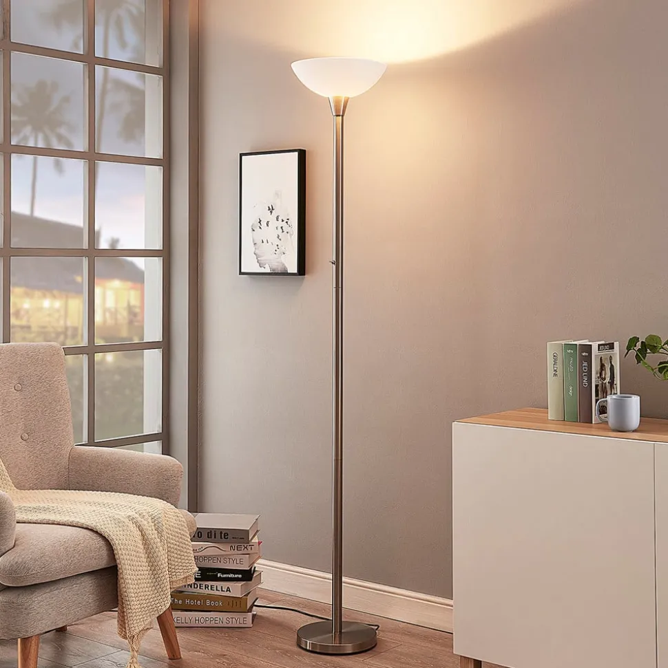 Lindby gulvlampe Ignacia, nikkelfarvet, glas, 180 cm, E27