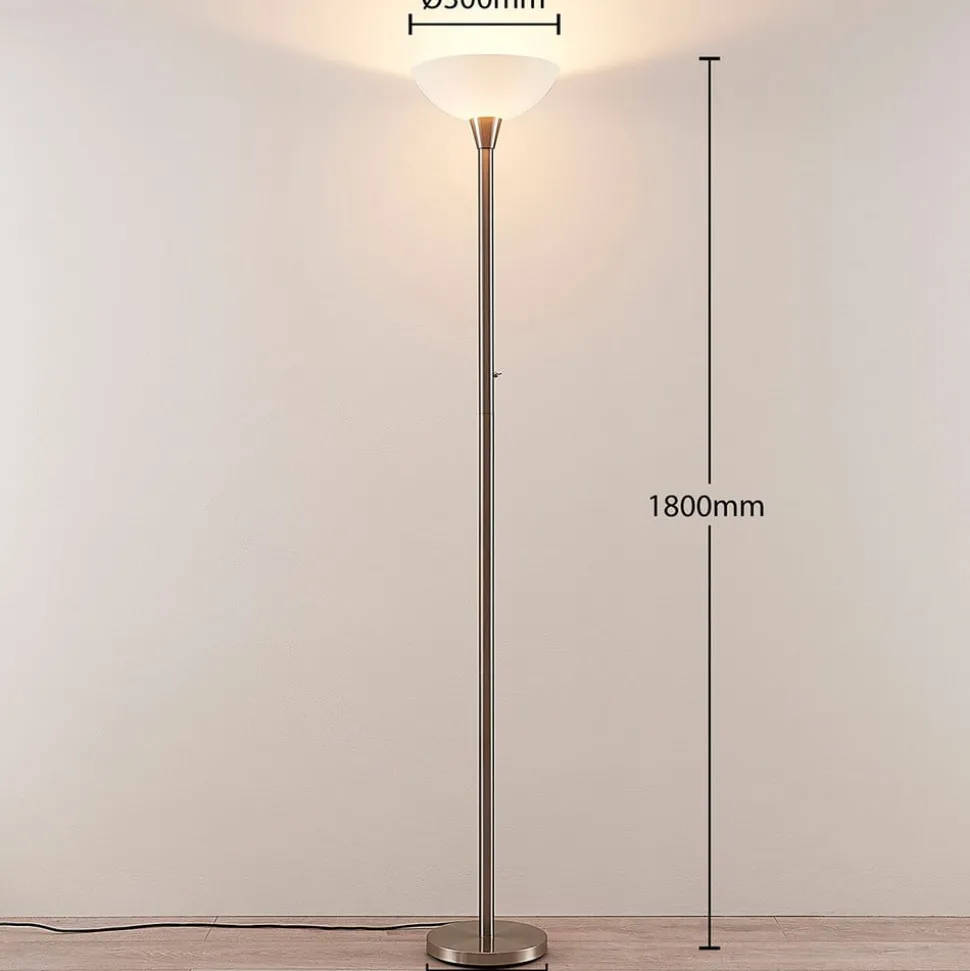 Lindby gulvlampe Ignacia, nikkelfarvet, glas, 180 cm, E27