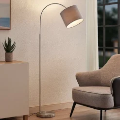 Lindby gulvlampe Keriba, nikkel/taupe, stof, 150 cm, E27