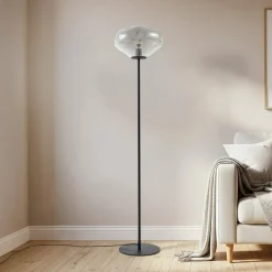 Lindby Gulvlampe Lelia, røggrå, glas, metal, 150 cm