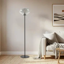 Lindby Gulvlampe Lelia, røggrå, glas, metal, 150 cm