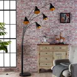 Lindby gulvlampe Lira, 5 lyskilder, højde 205 cm, sort, guld