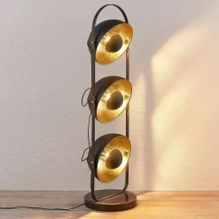 Lindby gulvlampe Muriel, 3 lyskilder, sort/guld, metal