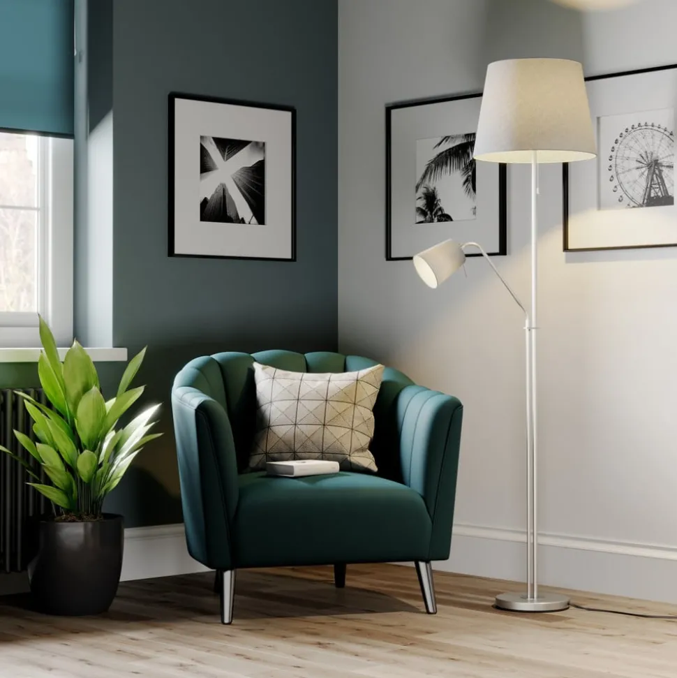 Lindby gulvlampe Nantwin, 175 cm, grå, nikkel, tekstil