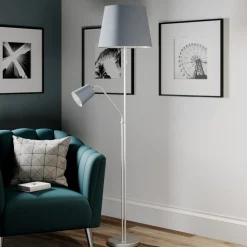 Lindby gulvlampe Nantwin, 175 cm, grå, nikkel, tekstil