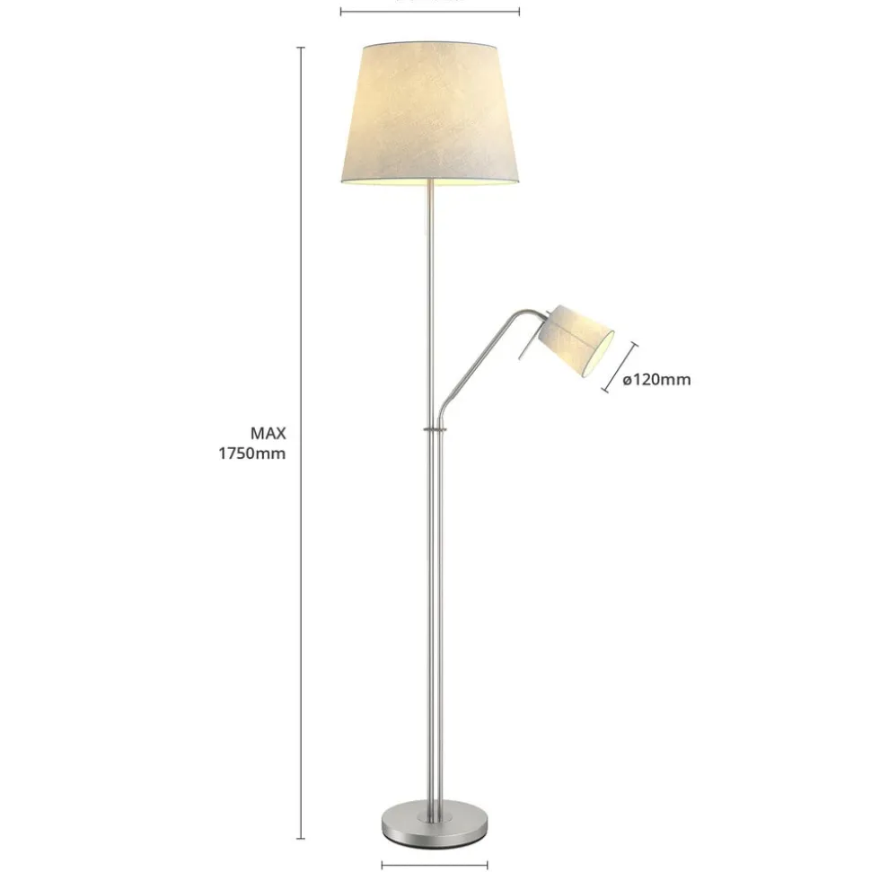 Lindby gulvlampe Nantwin, 175 cm, grå, nikkel, tekstil