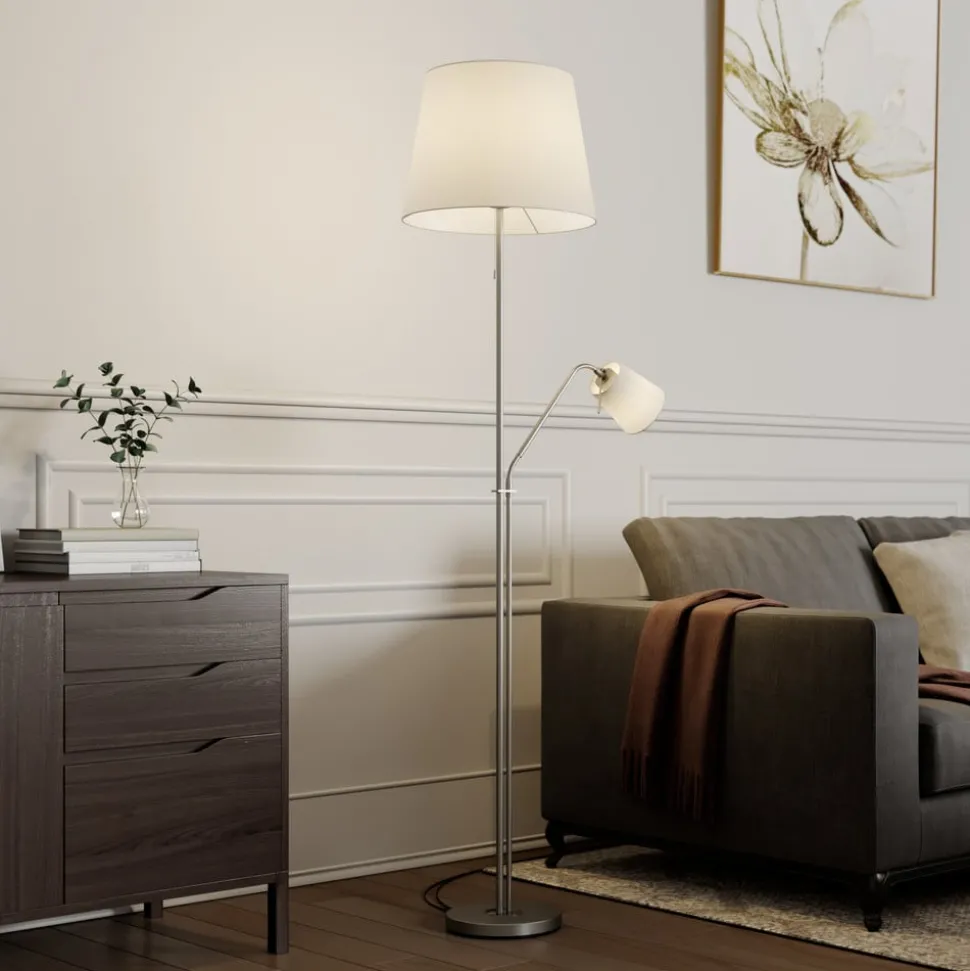 Lindby gulvlampe Nantwin, 175 cm, hvid, nikkel, tekstil