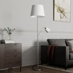 Lindby gulvlampe Nantwin, 175 cm, hvid, nikkel, tekstil