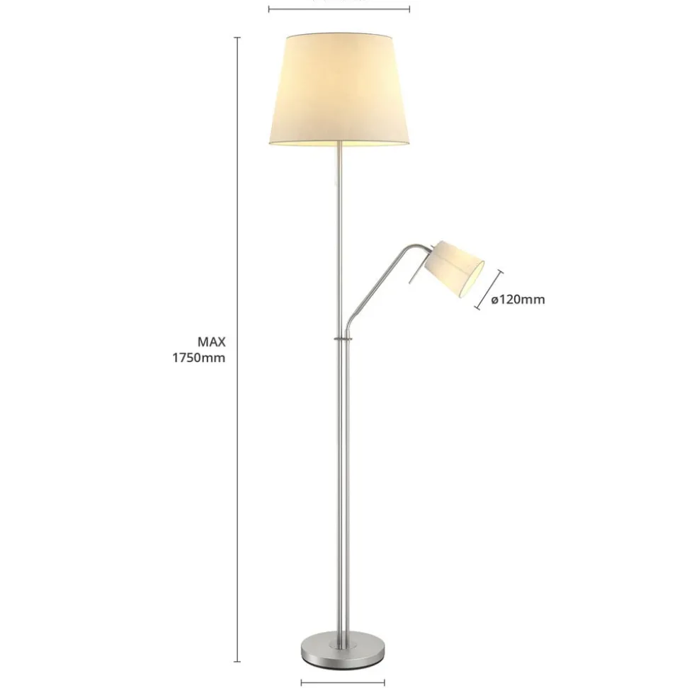 Lindby gulvlampe Nantwin, 175 cm, hvid, nikkel, tekstil