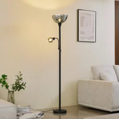Lindby gulvlampe Nehemia, sort, glas, læselampe, 185 cm