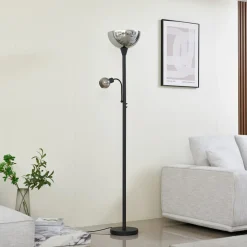 Lindby gulvlampe Nehemia, sort, glas, læselampe, 185 cm