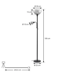 Lindby gulvlampe Nehemia, sort, glas, læselampe, 185 cm