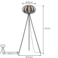 Lindby gulvlampe Tamira, sort, rattan, 143 cm høj, E27