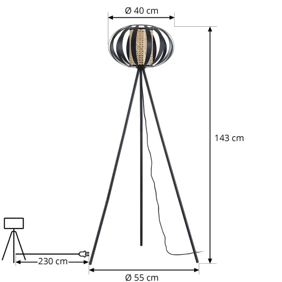 Lindby gulvlampe Tamira, sort, rattan, 143 cm høj, E27