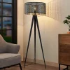 Lindby gulvlampe Thoralf, trefod, sort, tekstil, Ø50cm