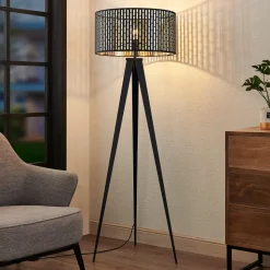 Lindby gulvlampe Thoralf, trefod, sort, tekstil, Ø50cm